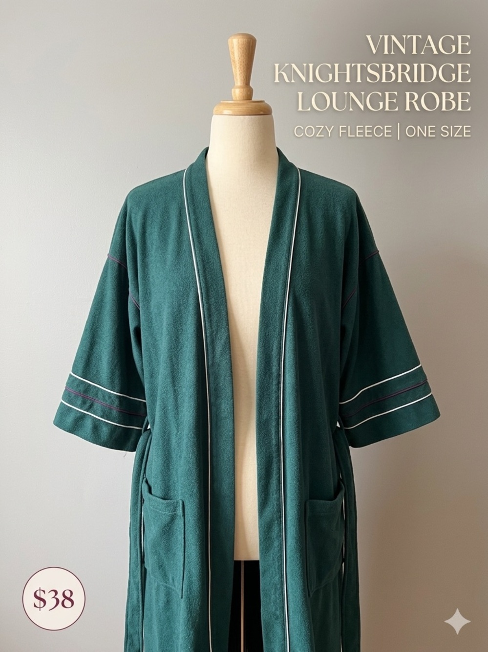 Vintage Knightsbridge Hunter Green Fleece Robe - One Size